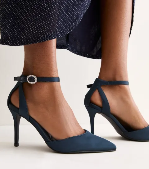New Look Women's Wide Fit Navy Satin Embellished Buckle Stiletto Heels Vegan