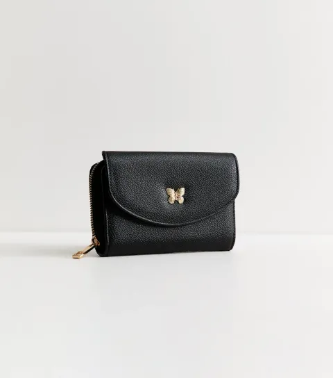 Black Faux Leather Butterfly Charm Pebble Textured Purse