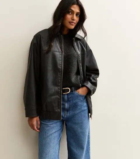 New Look Women's Black Oversized Washed Faux Leather Jacket