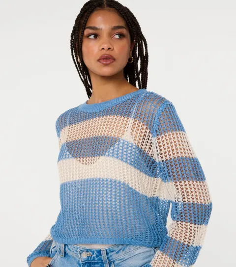 Women's Blue Striped Crochet Jumper