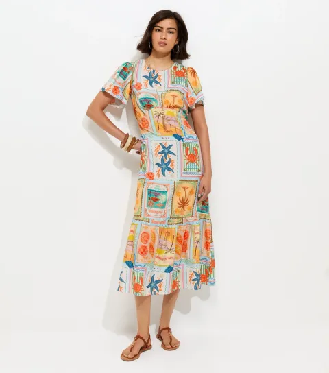 Women's Multicolour Seaside Print Crepe Midi Dress