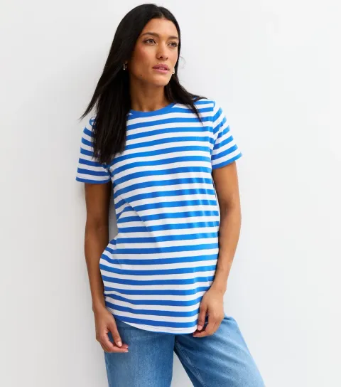 Women's Maternity Blue Cotton Striped Crew Neck T-Shirt