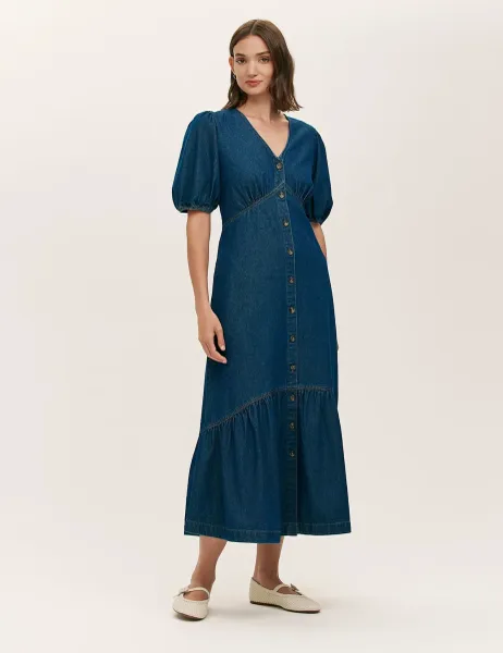 Denim Button Through Midi Tiered Dress Blue