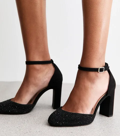 Women's Wide Fit Black Faux Suede Gem Embellished Block Heels Sandals Vegan