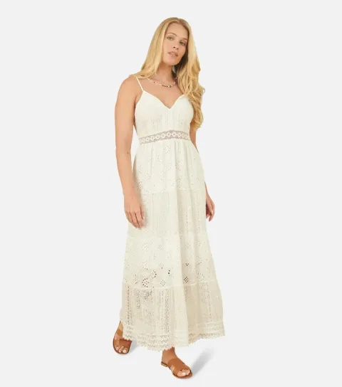 Women's White Broderie Embroidered Lace Tiered Dress