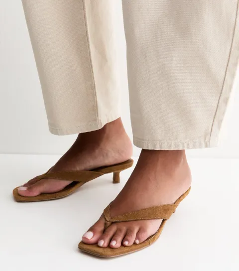 Women's Premium Real Suede Tan Toe Post Kitten Heel Mules