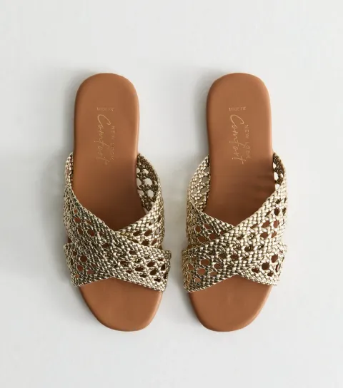 Women's Wide Fit Golden Woven Strap Mule Sandals Vegan