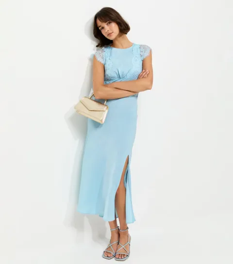 New Look Women's Light Blue Satin Lace Sleeve Split Midi Dress