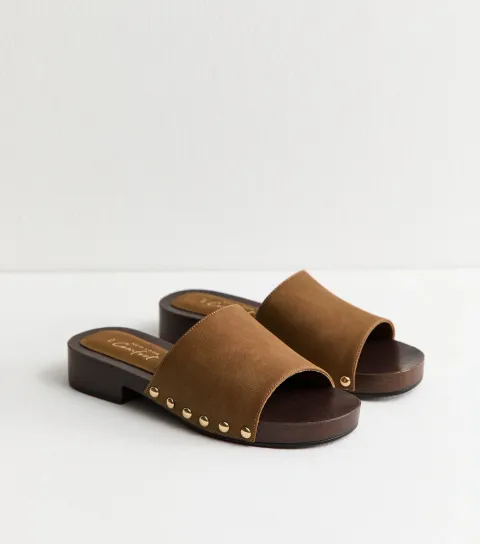 Women's Tan Faux Suede Mule Clog Sandals Vegan