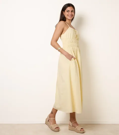 Women's Light Yellow Ruched Bust Strappy Midi Dress