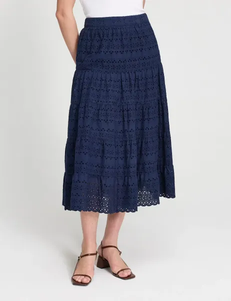 Finery London Pure Cotton Broderie Midi Tiered Skirt Navy