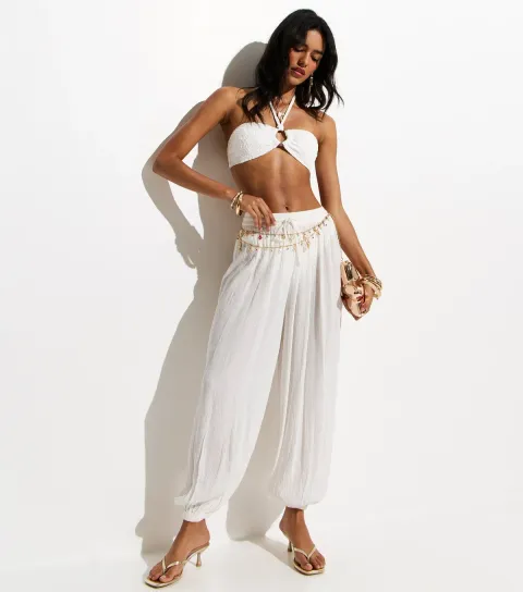 Women's White Metallic Crinkle Texture Balloon Leg Beach Trousers