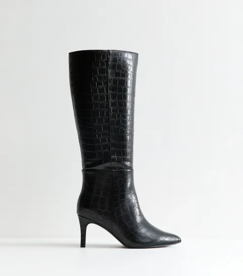 Women's Wide Fit Black Croc Embossed Stiletto Knee High Boots Vegan