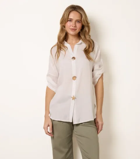 Women's White Seashell Button Shirt