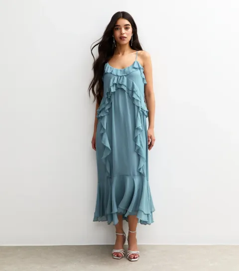 Women's Blue Ruffled Chiffon Slip Dress