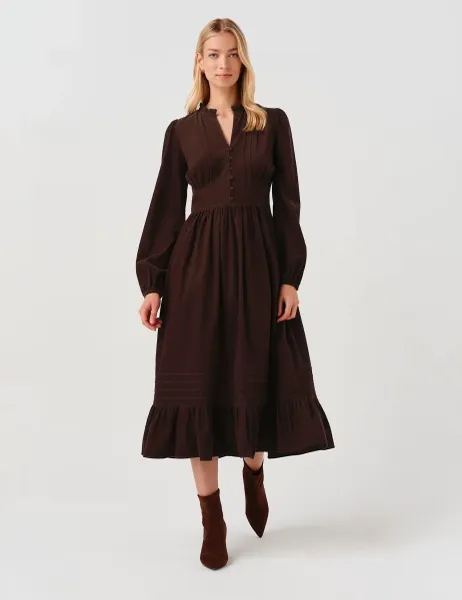 Ghost Cotton Corduroy Frilled Collar Midi Dress Brown