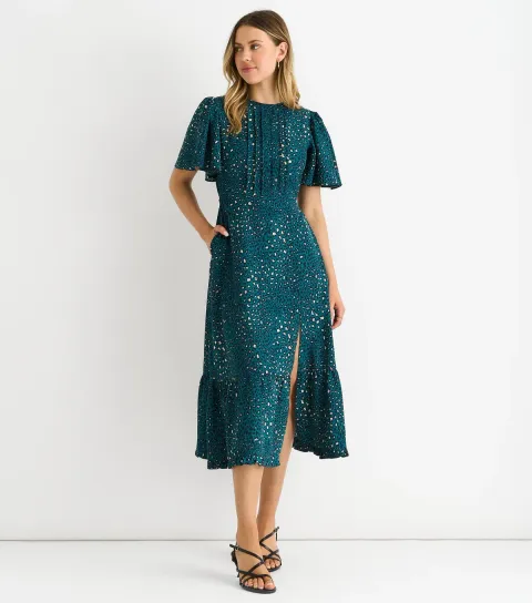 Women's Green Animal Print Flutter Sleeve Midi Dress