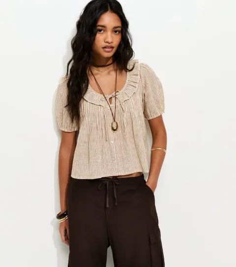 New Look Women's Brown Striped Frill Neckline Blouse