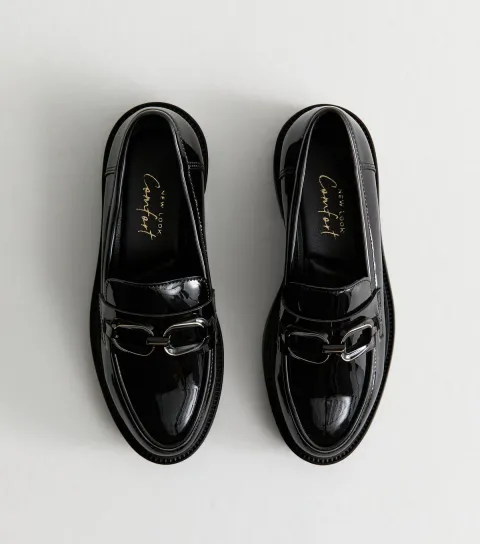 Women's Black Patent Faux Leather Buckle Penny Loafers Vegan