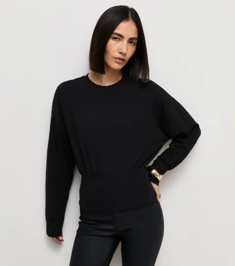 New Look Women's White Cotton Rich Long Sleeve Wide Waistband Top