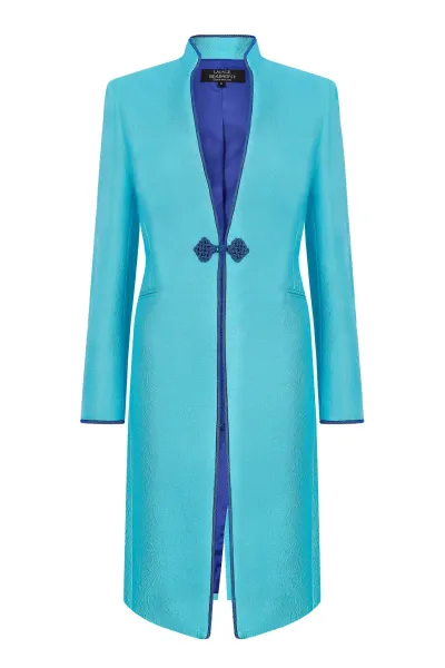 Turquoise Dress Coat in Summer Brocade with Cord Trim and Frogging - Vicky