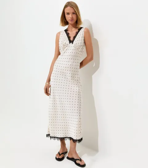 Women's Cream Polka Dot Satin Lace Trim Midi Dress