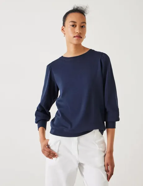 HUSH Emily Puff Sleeve Cotton Jersey Top Navy