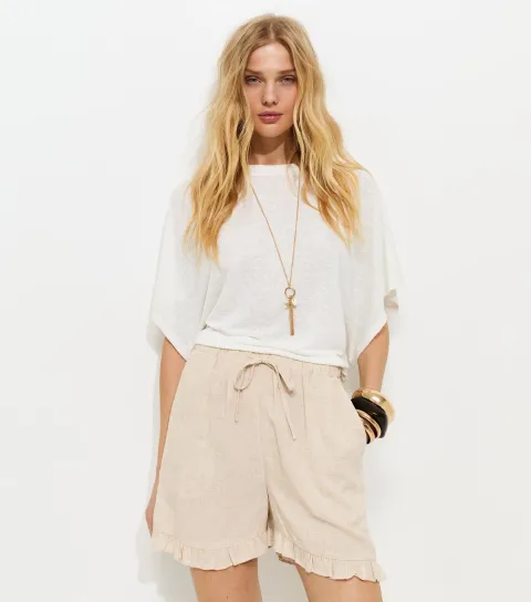 Women's Stone Drawstring Waist Ruffle Trim Shorts