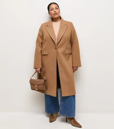 New Look Women's Plus Size Camel Peak Lapels Single Button Coat Curves
