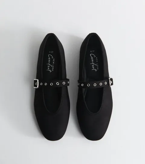 Women's Black Faux Suede Eyelet Strap Mary Jane Flats Vegan