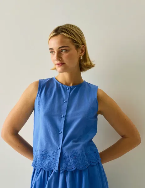 Preveli Pure Cotton Broderie Tie Back Blouse Light Blue