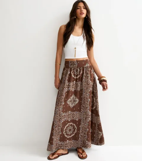 Women's Brown Bandana Print Maxi Circle Skirt