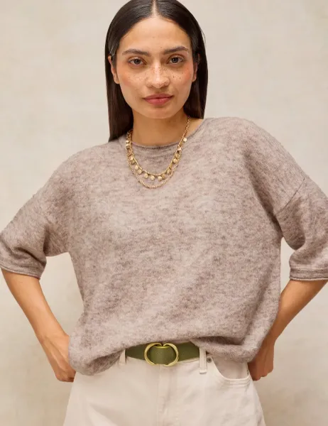 White Stuff Kate Crew Neck Knitted T-Shirt Natural