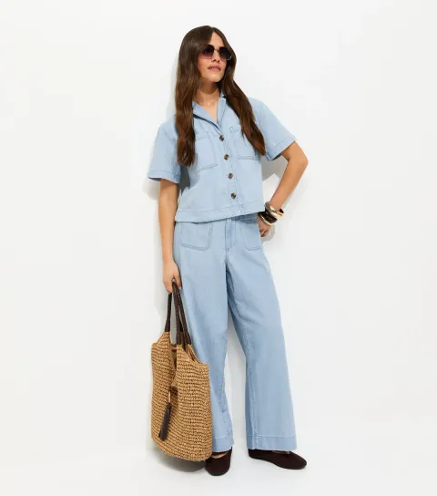 Women's Petite Light Blue Patch Pocket Denim Trousers