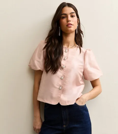 Women's Pale Pink Taffeta Puff Sleeve Top