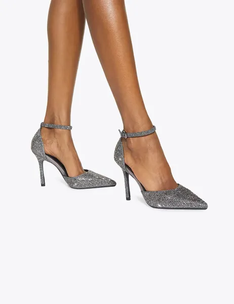 Kurt Geiger Sparkle Ankle Strap Stiletto Heel Court Shoes Silver