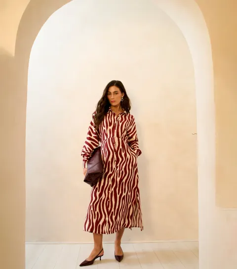 Women's Burgundy Zebra Print Shirt Dress