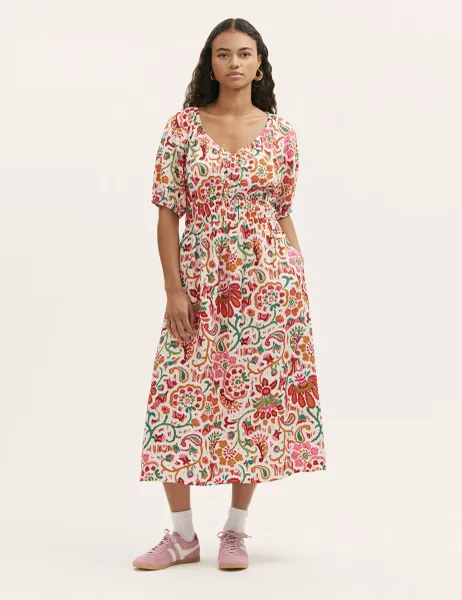 Finery London Floral V-Neck Midi Waisted Dress Ivory Mix