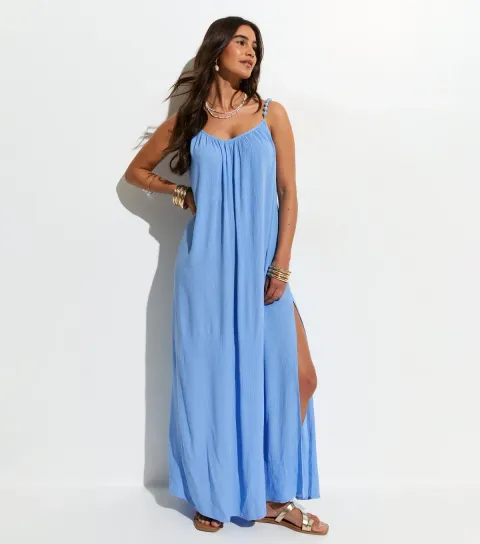 Women's Light Blue Crinkle Texture Beaded Maxi Dress