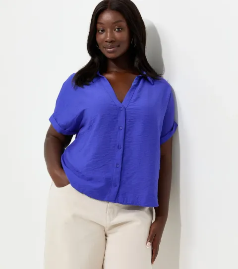 Women's Plus Size Dark Blue Plain Short Sleeve Shirt Curves