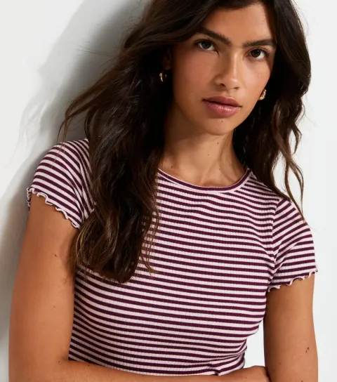 Women's Burgundy Striped Ribbed Babylock T-Shirt