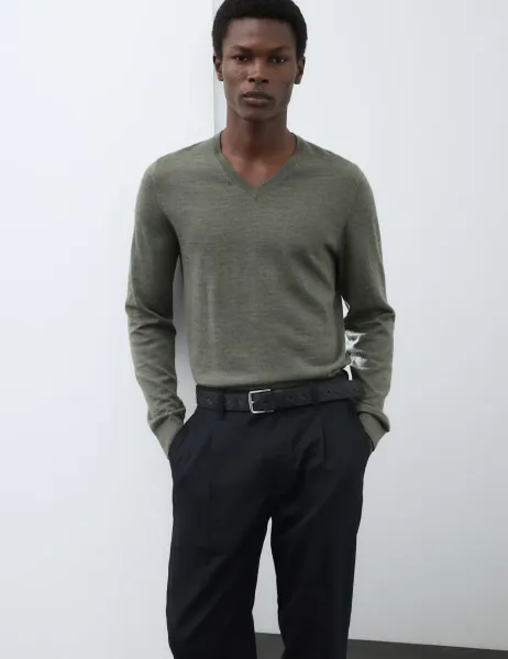 Autograph Pure Extra Fine Merino Wool V-Neck Jumper Khaki/Olive