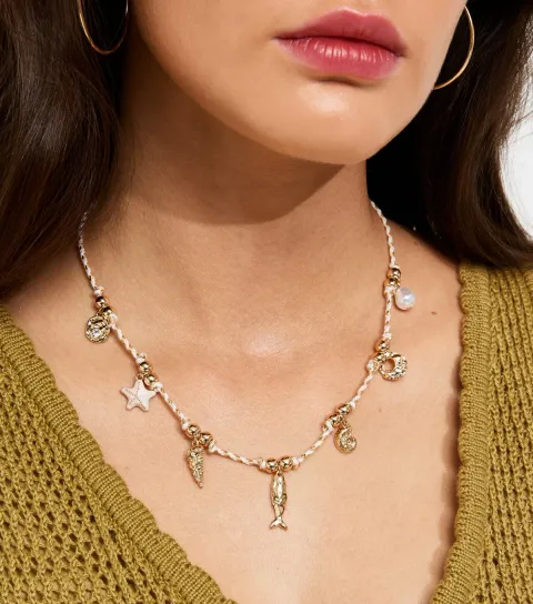Cream Gold Tone Rope Fish Charm Necklace