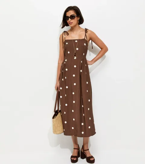 Women's Brown Spot Print Cami Godet Midi Dress