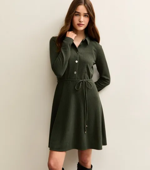 Women's Khaki Button Through Collared Mini Dress