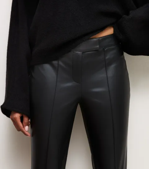 Women's Petite Black Faux Leather Kick Flare Trousers Vegan