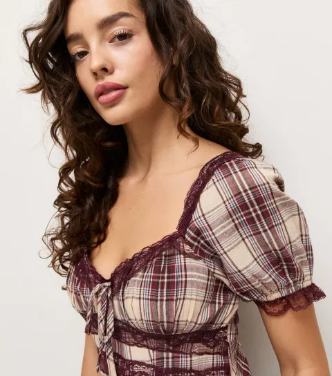 Women's Petite Brown Check Lace Milkmaid Mini Dress