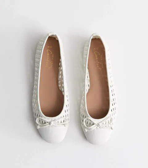 Women's White Woven Faux Leather Ballet Pumps Vegan