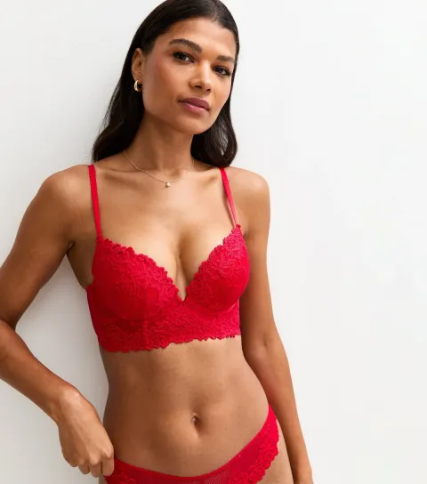 Women's Red Lace Mesh Longline Push Up Bra