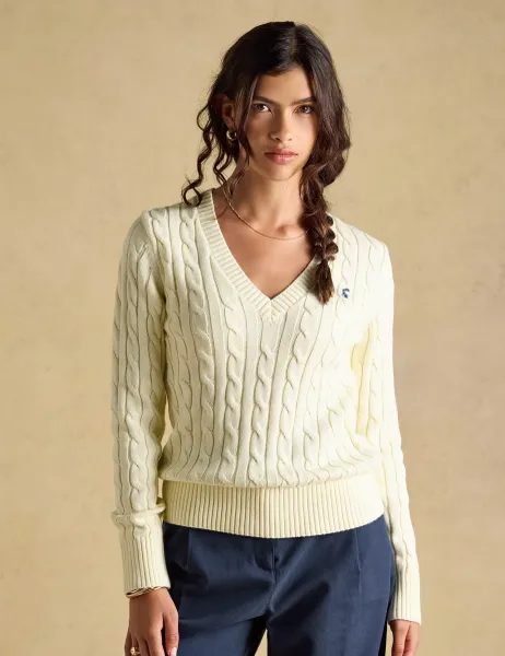 Joules Pure Cotton Cable Knit V-Neck Jumper Cream